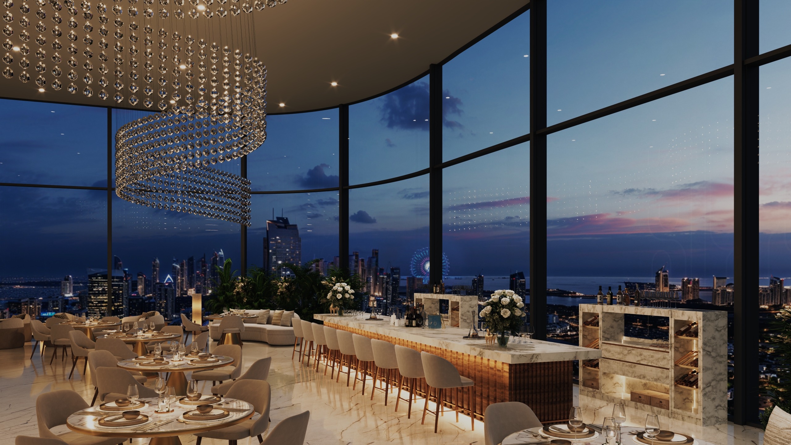 Danube Shahrukhz restaurant dining room with sculptural lighting