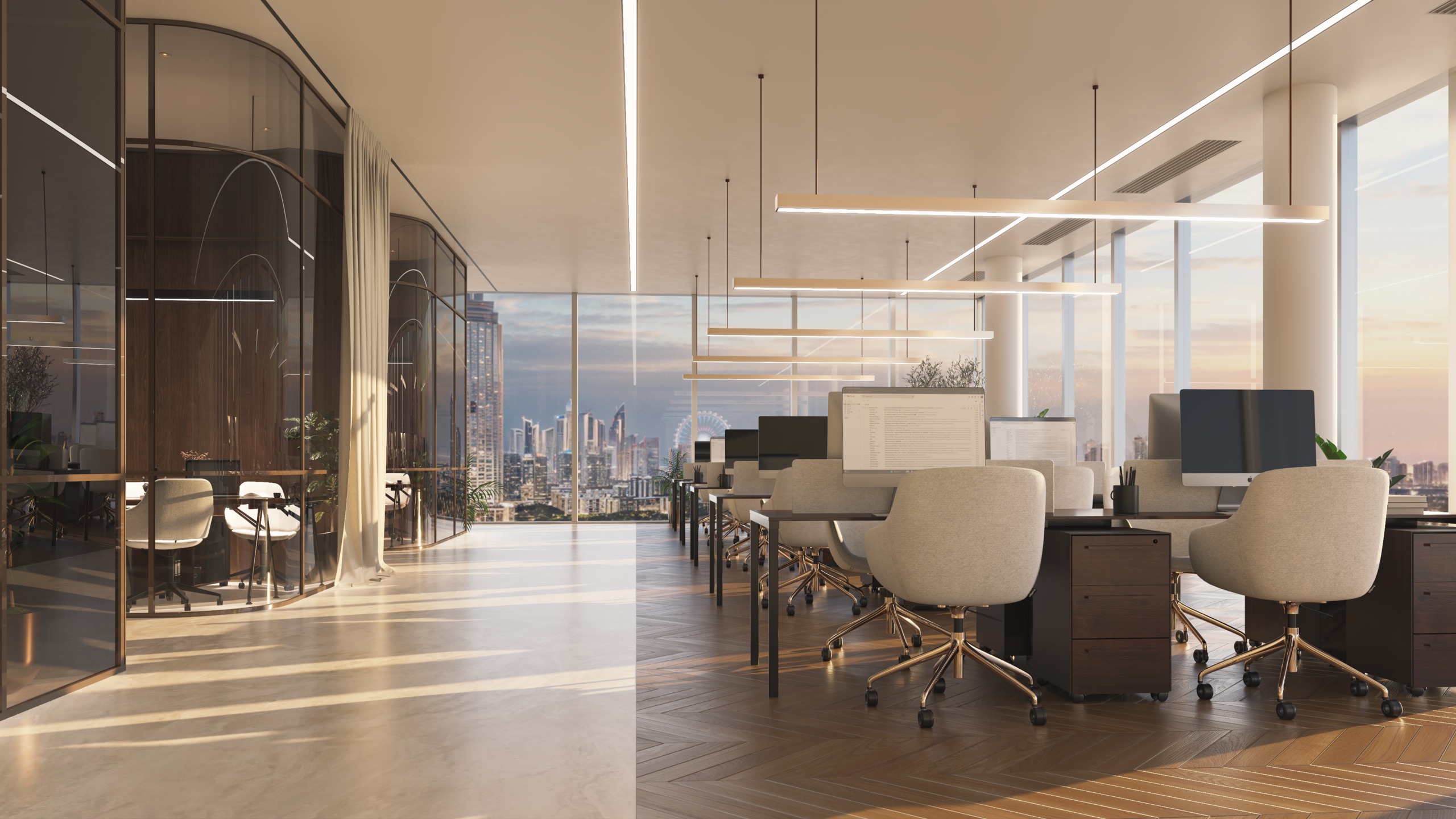 Danube Shahrukhz open-plan office with illuminated linear ceiling